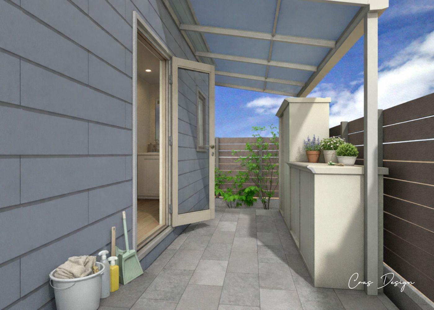 室内の小さな不便を屋外に役割を振り分けることで、毎日の暮らしが自然と軽くなる。（屋外スペースに設置できる衣類乾燥機「乾太くん」も活用）