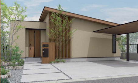 玄関アプローチをより素敵に。木調カラーで目隠しフェンスとコーディネートする。