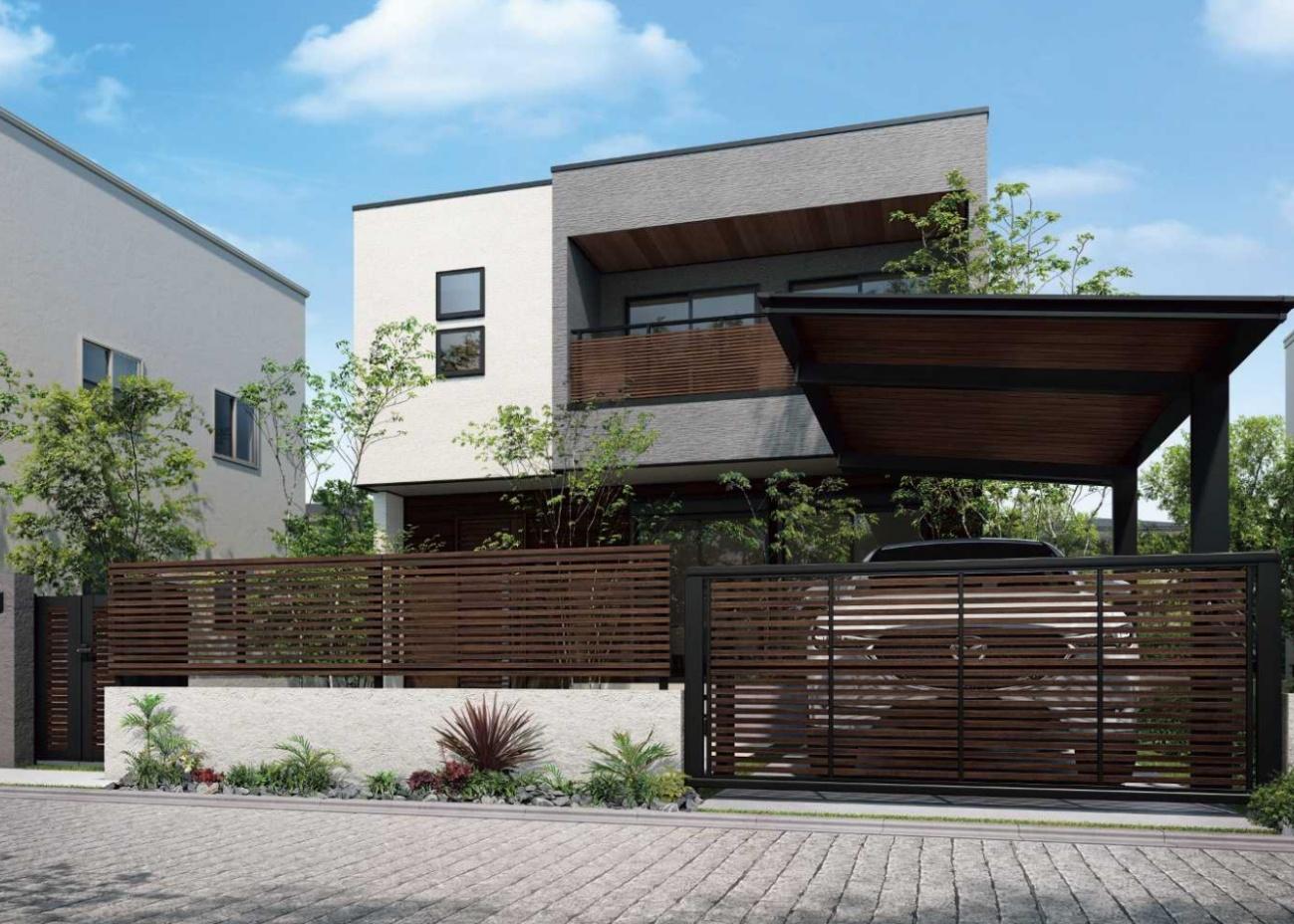 玄関アプローチをより素敵に。木調カラーで目隠しフェンスとコーディネートする。